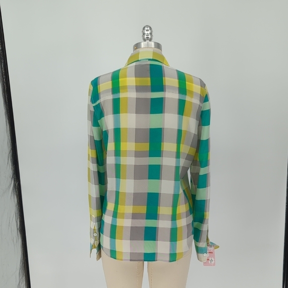 01405 Equipment Plaid Button Down Silk Shirt Yellow Green M preppy Business casu - Picture 2 of 8